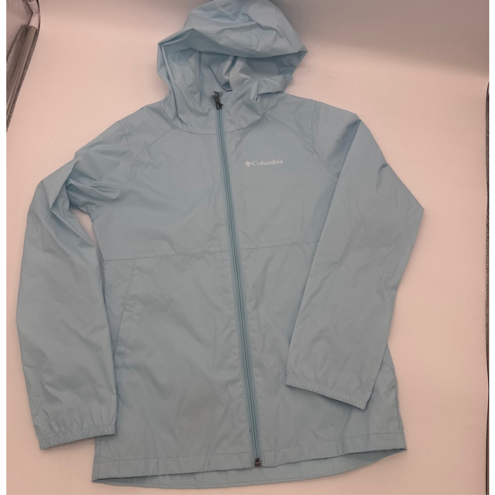 Girls COLUMBIA Light Blue Hooded Windbreaker Jacket M (10/12)